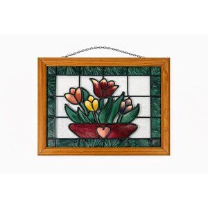 Stained Glass Floral Window Panel Multicolor with Wooden Frame  Hanging Chain Tu